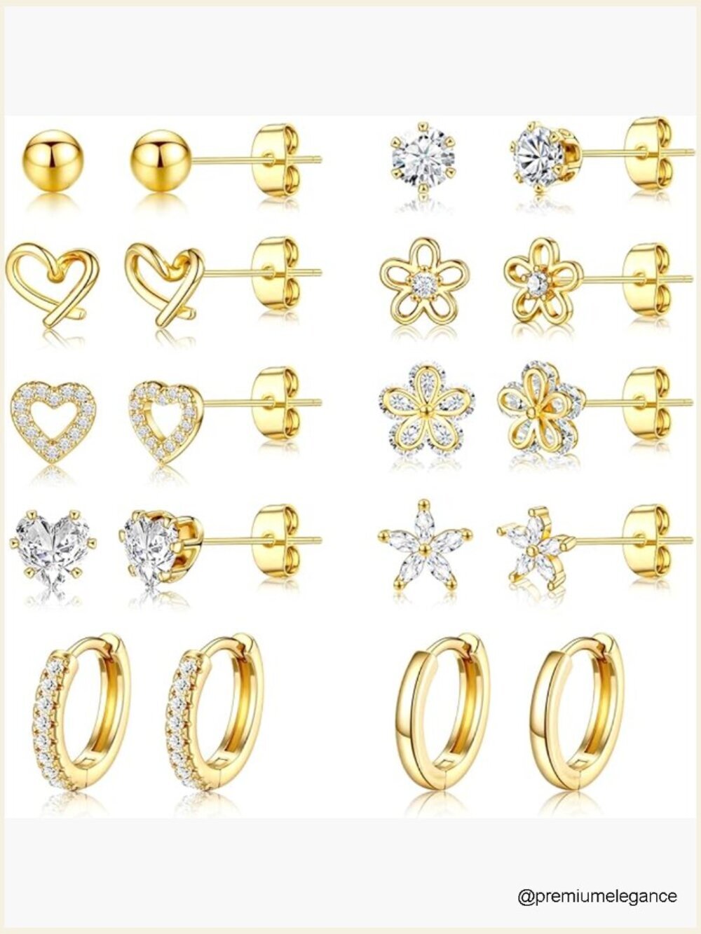Gold Stud Earrings Set 10 Pairs Dainty CZ Huggie Hoops Hypoallergenic Gift